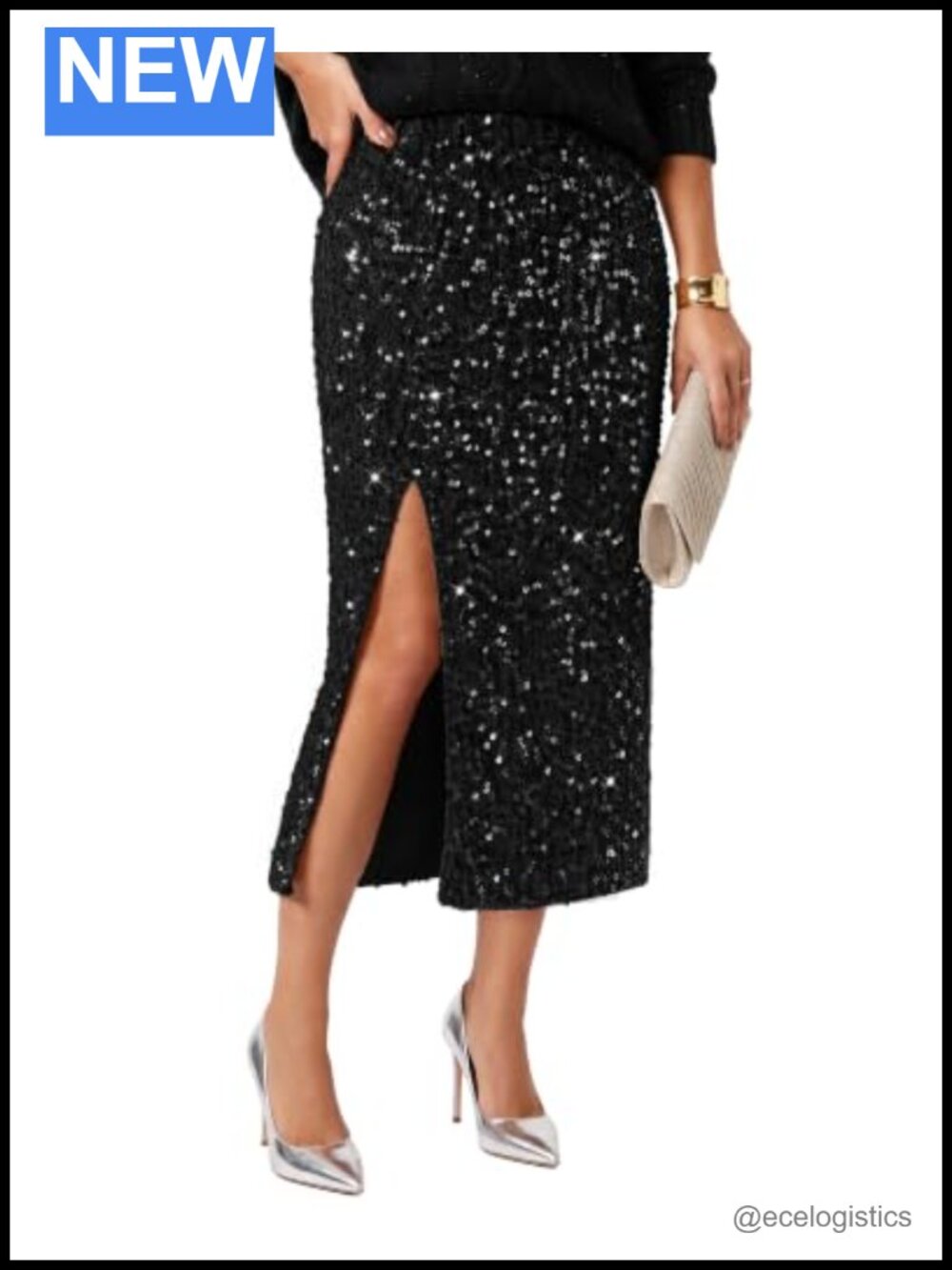 Women's Velvet Sequin Pencil Skirt High Waist Midi Stretchy Sparkly Party